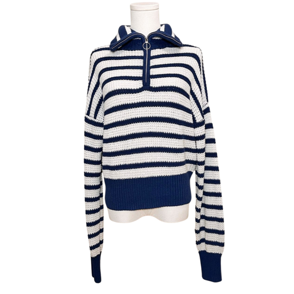 Pink Rose Blue White Striped Funnel Zip Collar Sweater Large Preppy Nautical